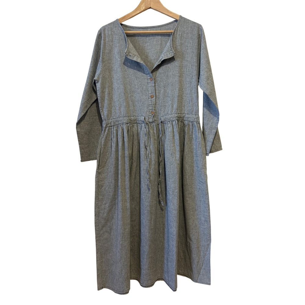 Soft W Midi Dress Size M Gray Linen Korean Pockets Picnic Cottage Minimalist